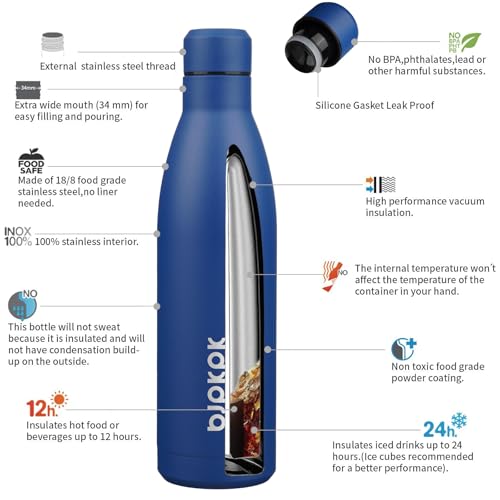 Image of BJPKPK 25 oz Insulated Stainless Steel Water Bottle, Metal Sports Flask | Double Wall Vacuum, Leak Proof, Keeps Hot /Cold, BPA Free, Dishwasher Safe, Cupholder Friendly, Travel, Blue