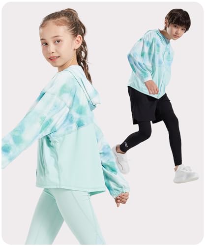 Active Jacket Kids UV Protection Zipper Hoodies Cooling Pockets Vacation Running Outdoor Summer Green Top 6-14Y4