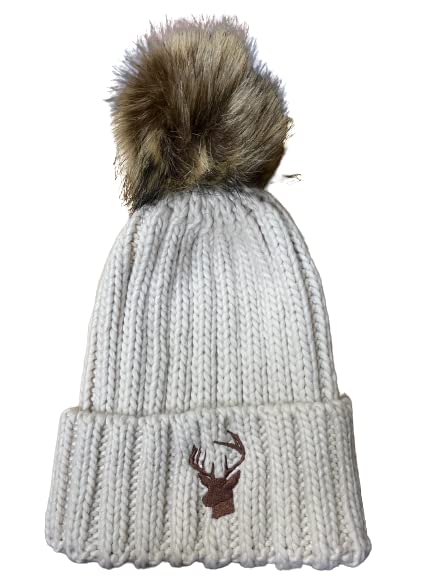 Chapeau cerf pompon fourrure oatmeal en maille premium
