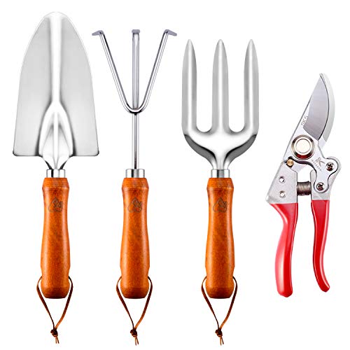 Homlynn Juego de Herramientas Jardinería de Acero Inoxidable, 4 en 1 Herramienta de Jardín con Tijeras Podar, Paleta Mano, Paleta de Trasplante, Rastrillo Mano, Regalo para Amigo Cover
