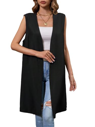 MakeMeChic Colete feminino sem mangas aberto na frente, sólido, trabalho, escritório, blazer, Preto,