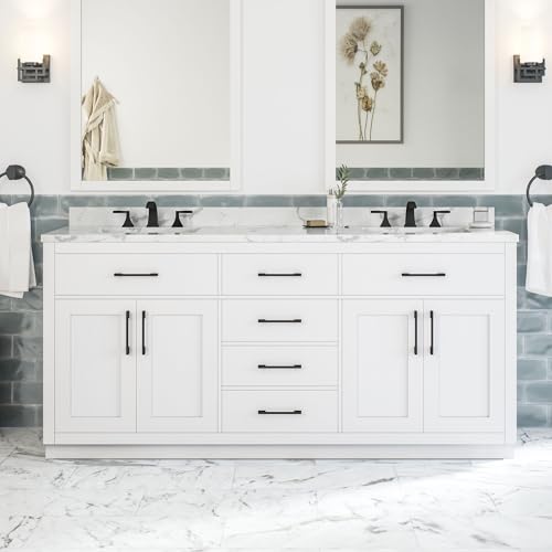 Image of OVE Decors Athea 72 in. Double Sink Freestanding White Bathroom Vanity with White Engineered Marble Top, Matching Backsplash, Power Bar and Matte Black Hardware