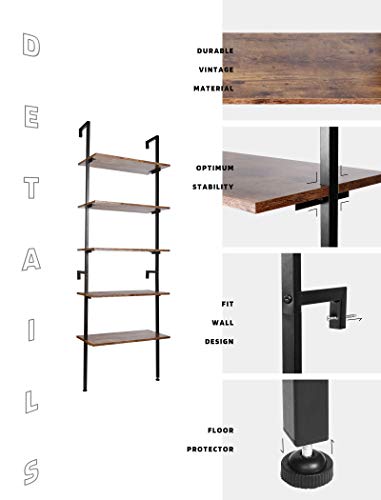 amzdeal Industrial Ladder Shelf, 5-Tier Bookshelf, Plant Stand,Rack Storage Shelves,Display Shelf,Stable Metal Frame,for Bathroom, Kitchen, Living Room,Balcony,Bedroom,Office