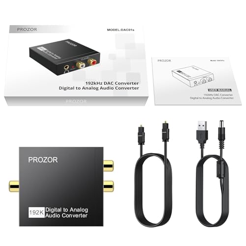 PROZOR 192KHz Digital to Analog Audio Converter DAC Digital SPDIF Optical to Analog L/R RCA Converter, Toslink Optical to 3.5mm Jack Adapter for PS3 HD DVD PS4 Amp Apple TV Home Cinema -Aluminum Alloy