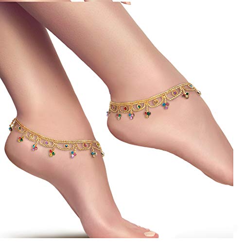 Image of Duel On Jewel Gold Payal Set for Women, Indian Paayal Jhanjar Chain Anklets with Bell Detail, Foot Jewelry Pair, 10 Inch Comfort Fit, Traditional & Dainty Styles for Wedding Beach Everyday Gift