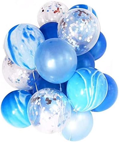 Silver Confetti Balloons and Blue Ballons 15pcs Pack, 12 Inch Latex Balloons for Birthday Wedding Party Graduation Decorations