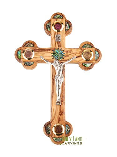 11 Inch Wall Cross Crucifix - Holy Land Cross Made of Olive Wood and Mother of Pearl in Bethlehem - 4 Glasses filled with Holy Relics - Cross for Entryway Office or Living Room… 11 Inch Wall Cross Crucifix - Holy Land Cross Made of Olive Wood and Mother of Pearl in Bethlehem - 4 Glasses filled with Holy Relics - Cross for Entryway Office or Living Room…