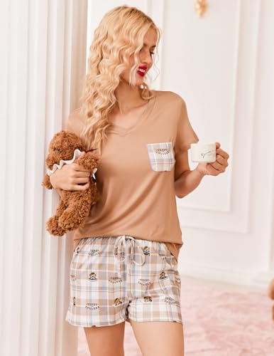 Image of Ekouaer Womens Pajama Sets Short Sleeve Pajamas for Women Sets Soft Lounge Sets Casual V Neck Sleepwear PJS