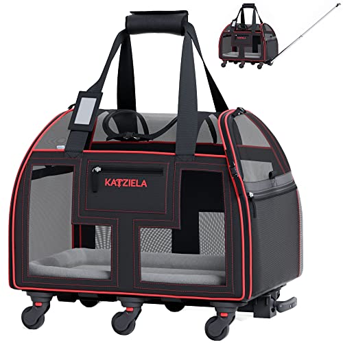 Image of Katziela Rolling Pet Carrier Airline Approved - Pet Carrier with Wheels - Luxury Lorry - Deluxe TSA Approved Cat Carrier with 6 Wheels - Small Airline Approved Dog Carrier Trolley - Plane Carry On Bag