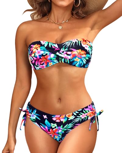 Image of Tempt Me Women Strapless Bandeau Bikini Set Twist Front Two Piece Swimsuit | Detachable Shoulder Straps, Molded Cup Design, Anti-slip Strips, Side Tie Bikini Bottom, Low Rise Fit