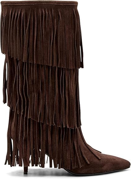 MAVMAX Fringe Knee High Boots Suede Cowgirl Tassel Kitten Heel Boots Mid Calf Western Pointed Toe Boot for Women Daily Fall Winter