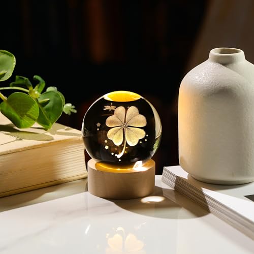 Image of 3D Crystal Ball Clover Gifts for Women Men - Clover Statue Paperweight Birthday Irish Gifts for Best Friend Daughter Keepsake Paperweight - Plants Figurines Statues Home Decor