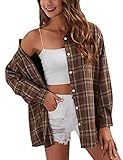 HangNiFang Brown Plaid Shirts for Women Button Down Oversized Flannel Shirts(0368-Brown-S)