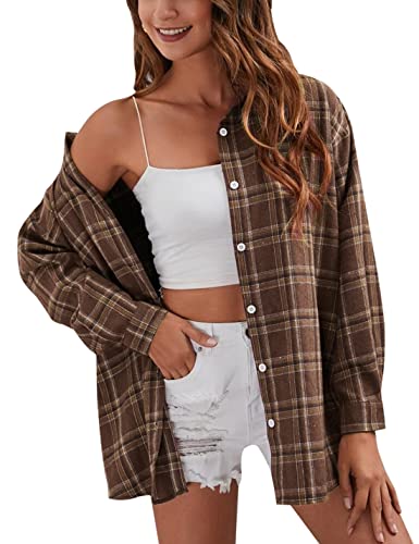 Image of HangNiFang Womens Flannel Plaid Shirts Oversized Button Shirts Blouse Tops
