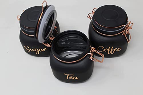 Image of DC Green Kivi PACK OF 3 ,Black Color Glass containers ,Tea, Coffee & Sugar printed on it ,Capacity 800 ml With Air Tight Cap