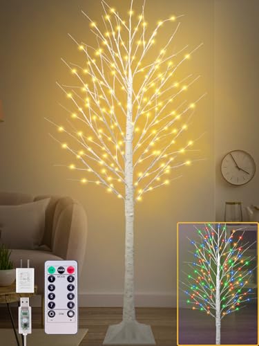 TiYiViRi 7FT Lighted Birch Tree with 170 LEDs Warm White and Multicolor Lights, 8 Functions Remote Faux Light Up Twig Christmas Tree with Lights for Indoor Outdoor Xmas Holiday Party Decoration