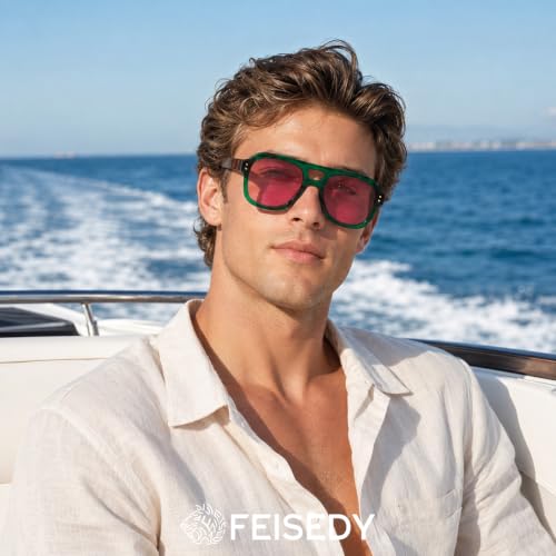 Image of FEISEDY Aviator Sunglasses For Women Men Square Chunky Trendy Eyewear B2846 | Vintage Design, Durable, UV400, Anti-glare, Climate Pledge Friendly, Protective case