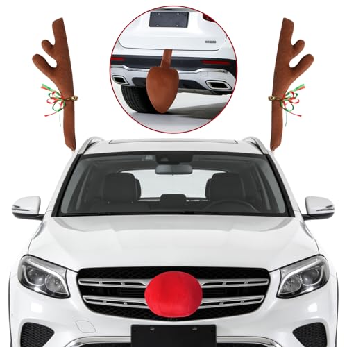 Image of Christmas Car Reindeer Antlers with Red Nose, Tail & Jingle Bells Kit, Vehicle Xmas Decoration Rudolph Reindeer for SUV, Van, Truck