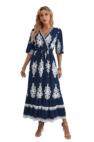 Bohjovoz Women’s V Neck Short Sleeves High Waist Floral Print Casual Bohemian Midi Dresses
