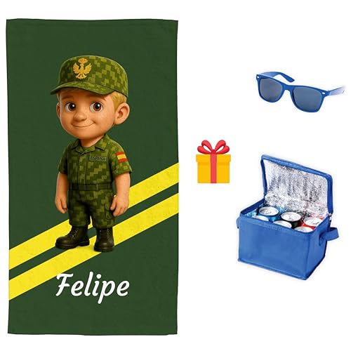 Pla Pla Pla Toalla ejército Personalizada con muñecos Originales | Toalla muñecos Militares Personalizada con tu Nombre | Regalo de Nevera y Gafas de Sol (Militar Hombre Rubio)