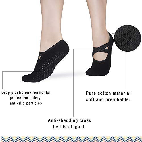 Pilates Meias de balé antiderrapantes com alças aderentes para mulheres, 05 Black+black(2 Pack), 5-8