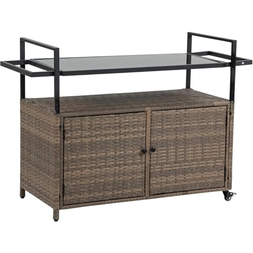 EXKURPOO Carrito Camarera Carrito de Bar de Mimbre con Ruedas for Exteriores, Mesa de Bar de Bebidas de ratán for Porche, Patio, jardín, Piscina y Fiesta(Brown)