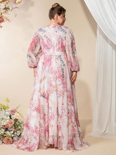 Image of Spring Summer 2024 Plus Size Womens Dresses V Neck Casual Elegant Long Sleeve Floral Print Maxi Dress