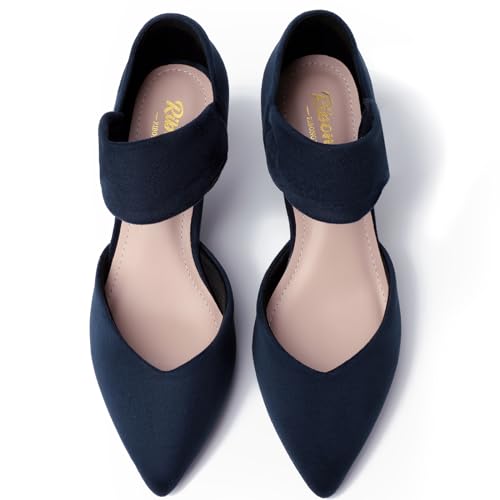 RIBONGZ Navy Kitten Heels for Women Pointed Toe Comfortable Low Heels Closed Toe Sexy Slip on Pumps Bridal Party Dressy Shoes 6 by RIBONGZ - Used condition - Image 9