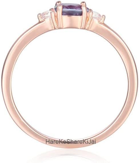 Oval Alexandrite Ring 925 Sterling Silver Rose Gold Vermeil | Color Changing Gemstone Ring for Women | Dainty Three Stone Engagement Ring | June Birthstone Anniversary Jewelry