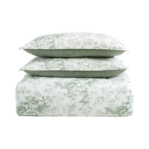 Image of Laura Ashley - Twin Comforter Set, Cotton Floral Bedding with Matching Sham & Bonus Decorative Pillow Covers, Oeko-Tex Certified, Dorm Essentials (Toile Delight Green)