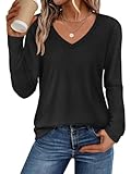 ATHMILE Womens 2025 Fall Long Sleeve Shirts Basic Apparel Shirts Trendy V Neck Tshirt for Women Curved Hem Tops Black