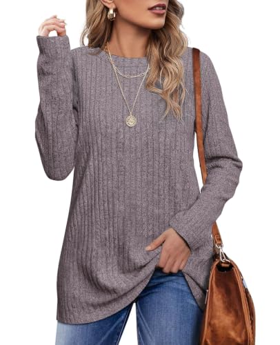 OFEEFAN Womens Fall Fashion Clothing 2025 Sweaters for Women Long Sleeve T Shirts Casual Tunic Tops for Women Loose Fit Dressy Lightweight Pinkgrey M