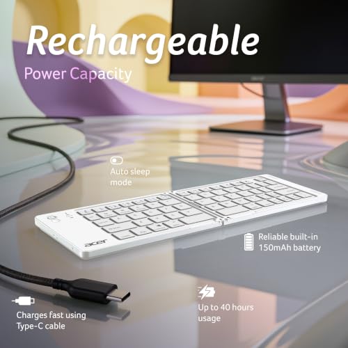 Image of Acer MiniFold Foldable Bluetooth Keyboard, Ultra Portable 66-Key Wireless Keyboard, Bluetooth 5.0, Rechargeable Battery, Type-C Charging, 150mAh Battery, for Windows, Android, iOS, Tablets & Laptops