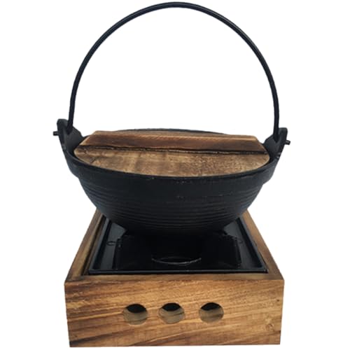 OUNONA Pentola Shabu in Ferro Giapponese Per Zuppa e Hot Pot, Pentola Di Casa Robusta Con Manico Sospeso, Adatta Per Picnic e Campeggio, Set Completo Con Supporto in Legno Piccolo
