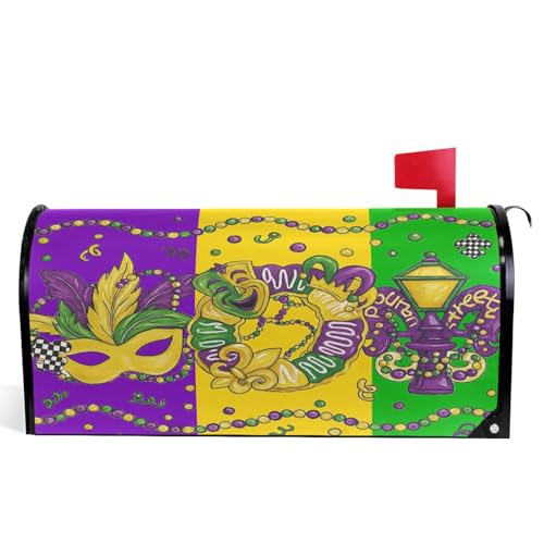 Image of Happy Mardi Gras Magnetic Mailbox Covers Fleur de Lis Masquerade Mask Mailbox Cover Standard Size Full Magnet Garden Yard Porch Mail Boxes Cover Holiday Decorations 21 inch L x 18 inch W