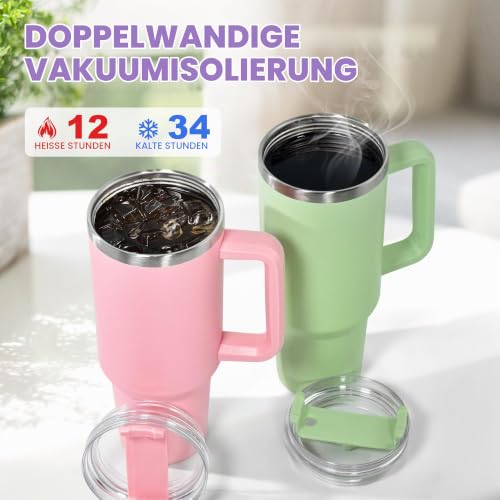 FECBK Thermobecher mit Strohhalm, Henkel und 2 Deckeln 1,2L, Lavendel – Ansicht 2