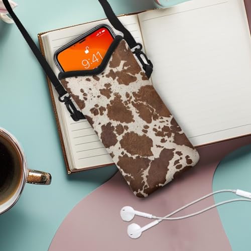 Image of Cellphone Purse Bag with Adjustable Strap Water-Resistant Shockproof Crossbody Mini Shoulder Handbags Portable Phone Sleeve Case for Women Men, 8 x 4 Inch, Brown Cow Print