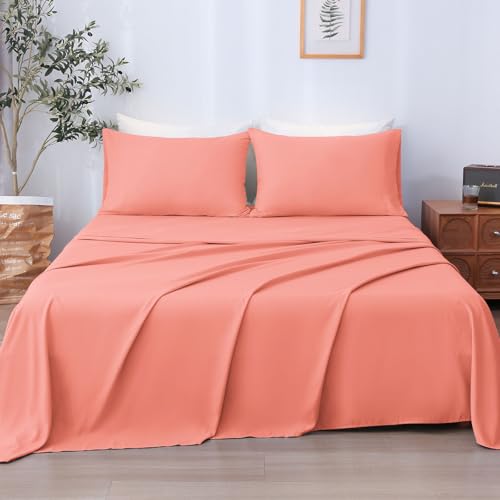 LONAVA Queen Sheet Set 4 Pieces Peachy Coral Ultra Soft & Breathable Microbifer Sheets 1600 Thread Count Hotel Luxury Oeko-Tex Bed Sheets 14-16 Inch Deep Pocket Durable Wrinkle Free Sheets