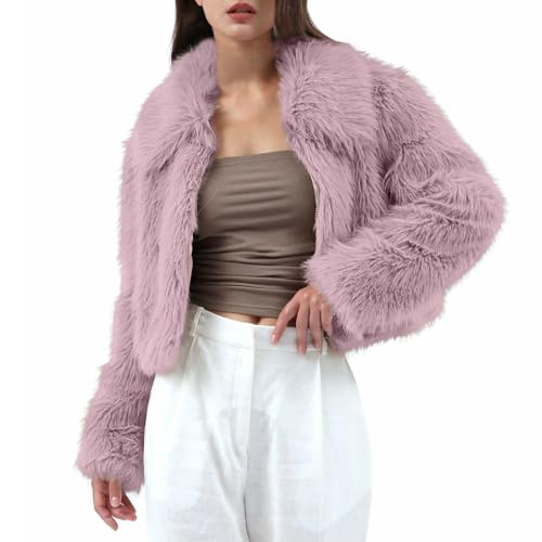Gefomuofe – Abrigo de piel sintética para mujer de pelo corto, chaqueta de pelo unida, abrigo de piel sintética con solapa, cárdigan de pelo sintético de manga larga, abrigo de invierno de felpa