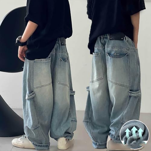 Teen Boys Wide Leg Jeans 2025 Baggy Casual Elastic Waisttd Y2k Stretchy Lightweight Comfortable Denim Pants3