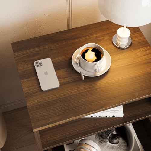 Image of JOONEE Rattan Nightstand,Farmhouse Bedside Table with 2 Storage Drawer and Open Wood Shelf, for Bedroom and Small Spaces,Night Stand with Solid Wood Legs (Walnut Brown)