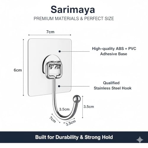 Image of Sarimaya Adhesive Wall Hooks Heavy Duty (Pack of 10) - Transparent Sticky Hooks for Hanging Towels, Coats, Kitchen Utensils - Waterproof Stainless Steel No Drill Hook for Home & Bathroom
