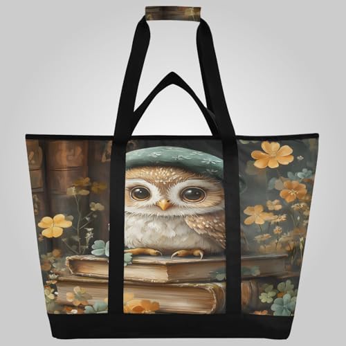 Bolsa térmica aislada con diseño de búho con sombrero sentado en el libro, plegable, reutilizable, para alimentos