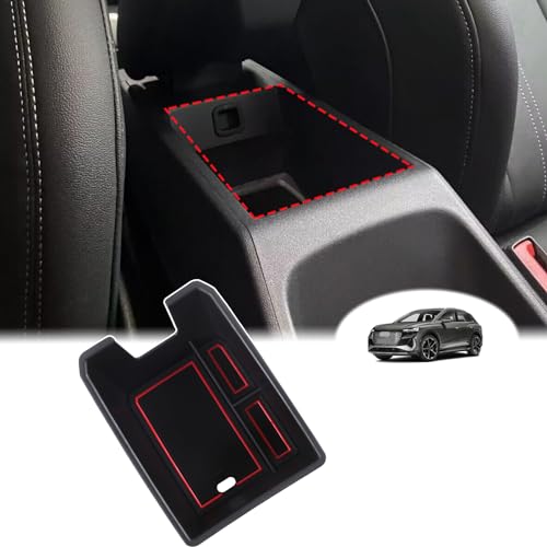 Aunginsy Armrest Storage Box Compatible with Audi Q4 E-Tron 2022 2023 2024 2025, Car Center Console Organizer Tray Armrest Box Insert Coin Container ABS Interior Accessories, With Door Lock Version