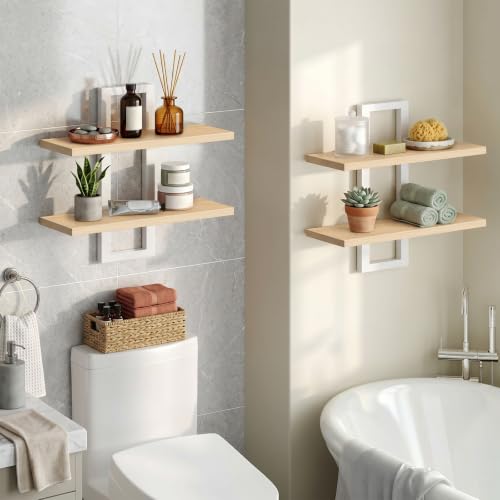 Image of HOOBRO 2-Tier Floating Shelves, 15 Inch Wall Shelf Set of 2 | Wall Mounted Storage Shelves, Hanging Bathroom Shelves, for Living Room, Bedroom, Bathroom, Kitchen, Natural and White