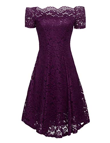 ACEVOG Women Vintage Lace Short Sleeve Floral Off Shoulder Cocktail Formal Swing Dress (XX-Large, Purple)