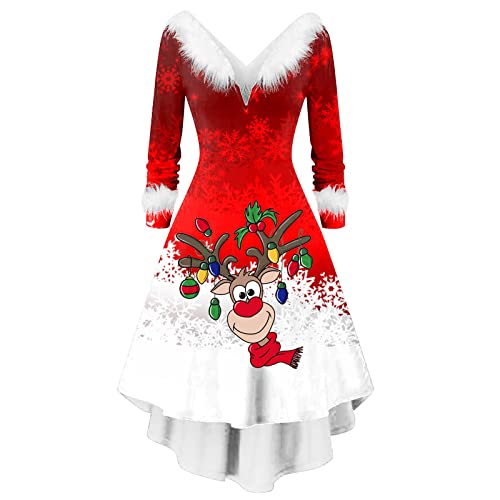 Damenkleid V-Ausschnitt Festlich Partykleid Weihnachtskleider Lang Cocktailkleid mit Plüschkragen Festlich Christmas Dress Retro Partykleid Damen...