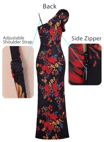 Image of VFSHOW Womens Formal Prom Elegant Ruffle One Shoulder Beaded Strap Ruched Slit Maxi Dress Wedding Evening Long Gown