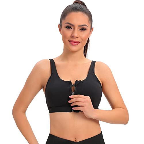 Cordaw Zip Front Closure Sports Bra Medium Impact High Support Workout Running Bra Padded For Post Surgery+J-Hook,Black M #TOP1