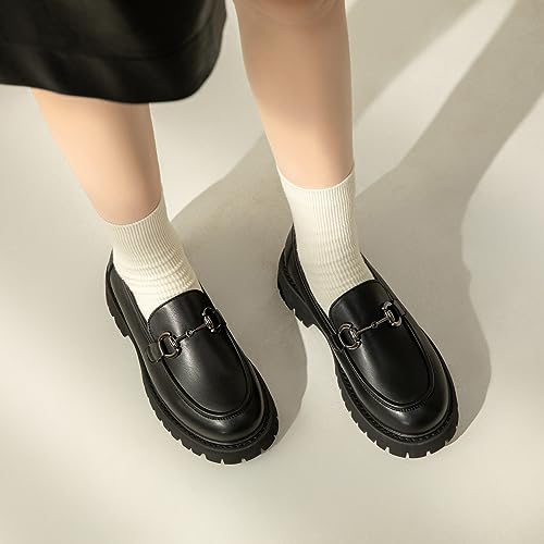 Image of Chunky Loafers Women Platform Loafers for Women Chunky Heel Lug Sole Loafers for Women Slip ons Round Toe
